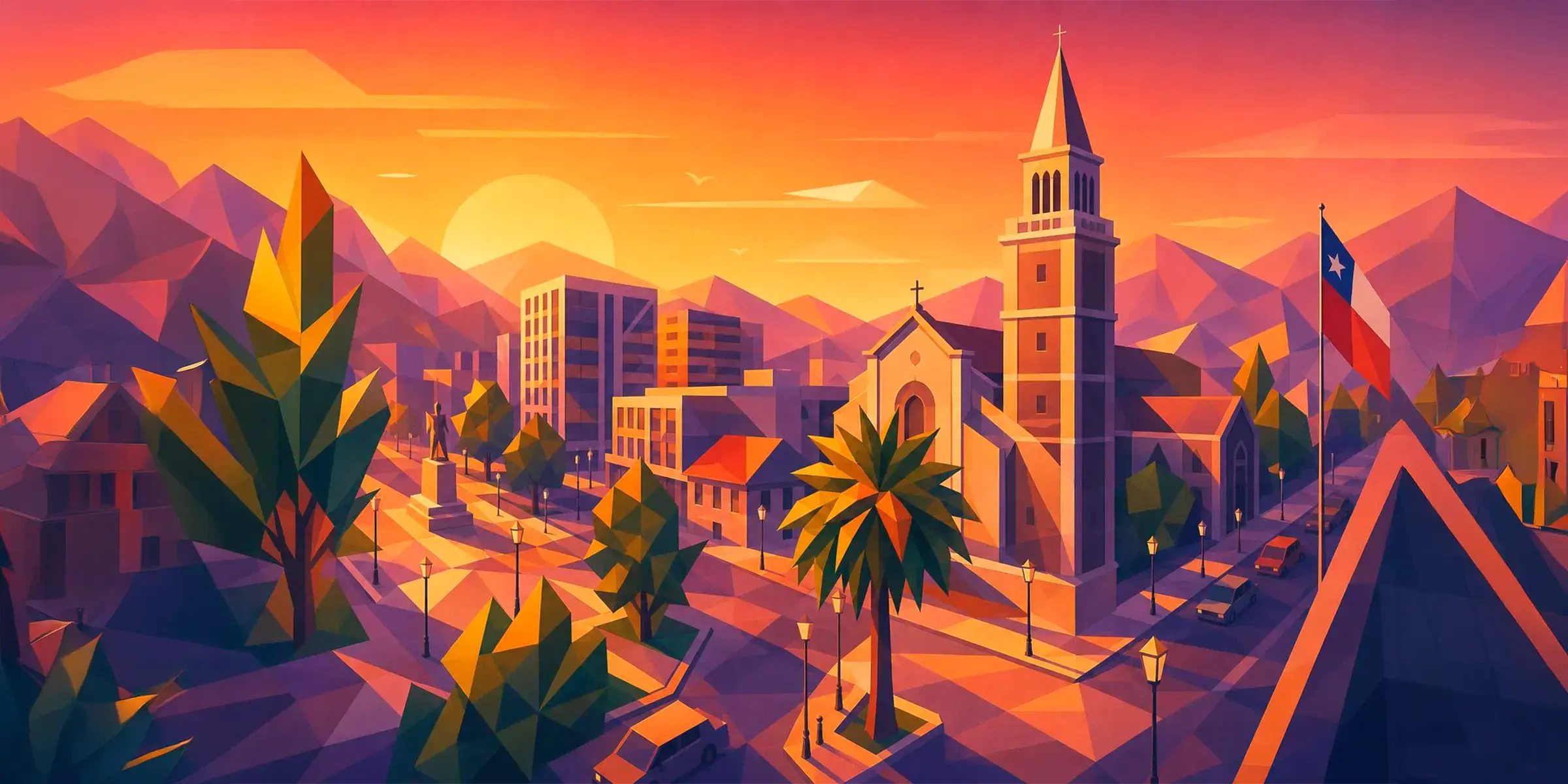 Catedral de Talca al atardecer, ciudad base de Baibu